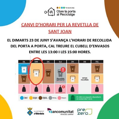 Dimarts 23 de juny s’avança la recollida porta a porta per la Revetlla de Sant Joan