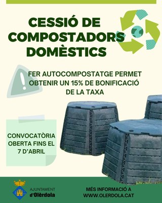 Fins avui dilluns 7 d’abril resta oberta la convocatòria per sol·licitar a l’Ajuntament la cessió de compostadors domèstics