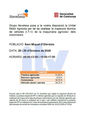 La Inspecció Tècnica de Vehicles de maquinària agrícola i dels ciclomotors es podrà fer a Olèrdola els dies 28 i 29 d’octubre