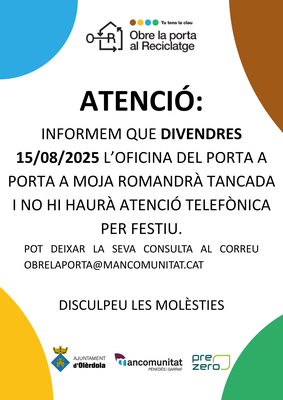 L'oficina del porta a porta tanca divendres 15 d'agost per ser festiu