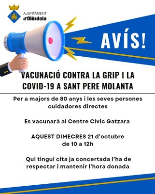Vacunació a Sant Pere Molanta contra la grip i la COVID 19 per a majors de 80 anys i les seves persones cuidadores directes