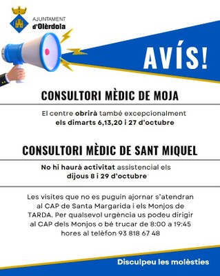 Variacions d’horaris als consultoris aquest mes d’octubre
